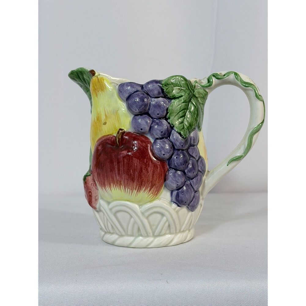 VTG Otagiri Quart Pitcher Fruit Basket Majolica Weave 24 Oz Handpainted Japan
